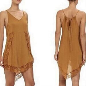 Free people Intimately Womens Mustard Lace Mini Dress sz S Golden Yellow V-Neck